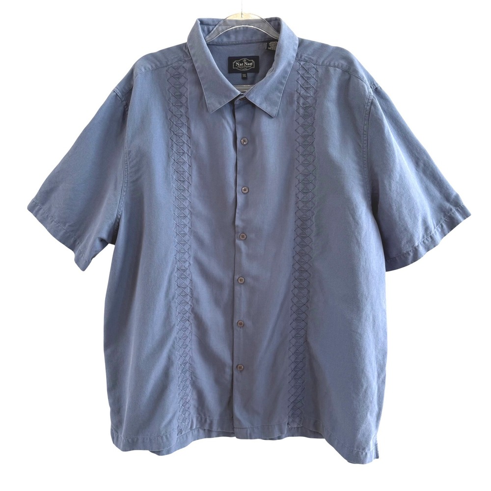 Nat Nast Mens XXL Blue Gray Silk Cotton Regular Fit‎ Bowling Shirt Embroidered